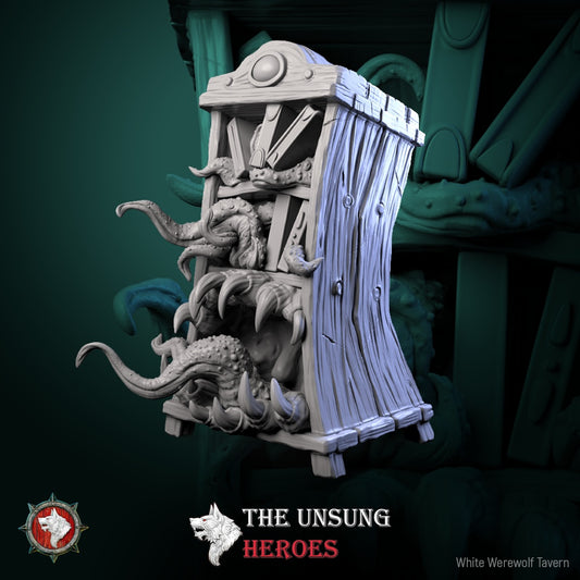 Bookshelf Mimic miniature with wooden frame splitting open to reveal fangs and tentacles – Dungeons & Dragons mimic monster.