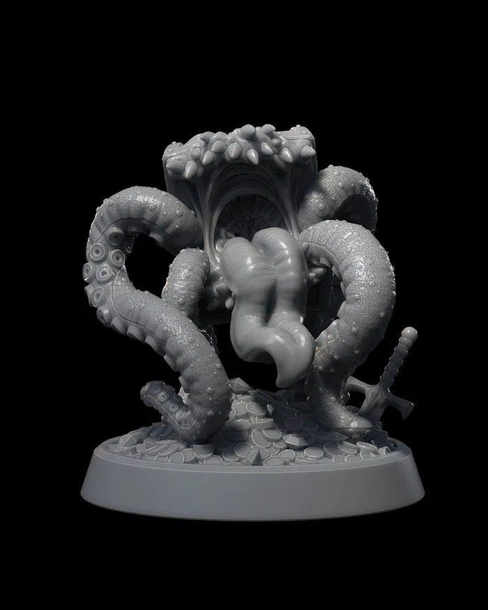 Mimic Chest miniature with open maw, tentacles, and coins scattered around its base, holding a sword.