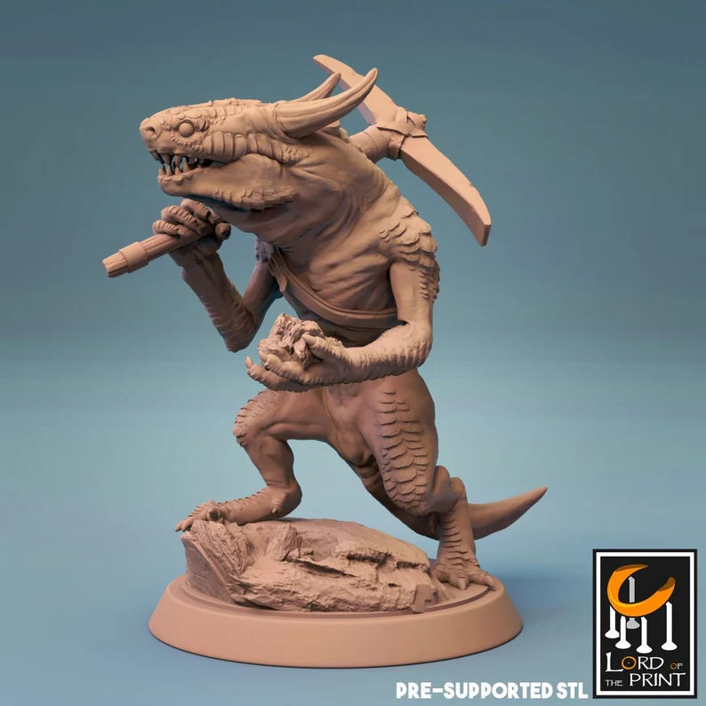 Kobold miniature holding a pickaxe over its shoulder, standing atop a rocky base. Ideal for games like Dungeons and Dragons and Pathfinder.