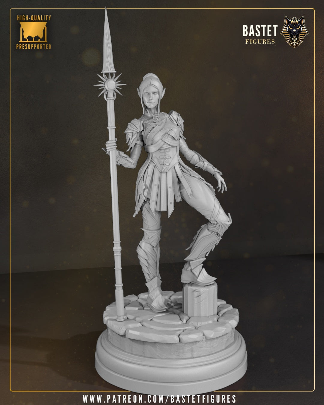Unpainted Minthara 1:8 scale Baldur’s Gate collectible miniature with spear on stone-style display base