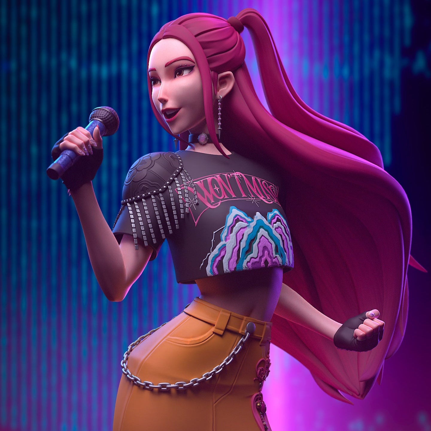 Mira K-Pop Demon Hunters colored render close-up singing pose with stage background