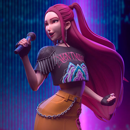 Mira K-Pop Demon Hunters colored render close-up singing pose with stage background
