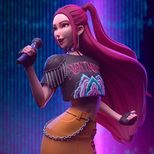 Mira K-Pop Demon Hunters colored render close-up singing pose with stage background