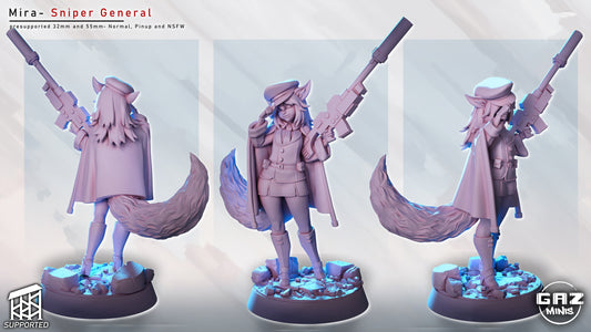 Kitsune sniper general miniature alternate poses, female foxfolk sharpshooter with oversized rifle and cape, rocky terrain base, DnD Pathfinder tabletop model