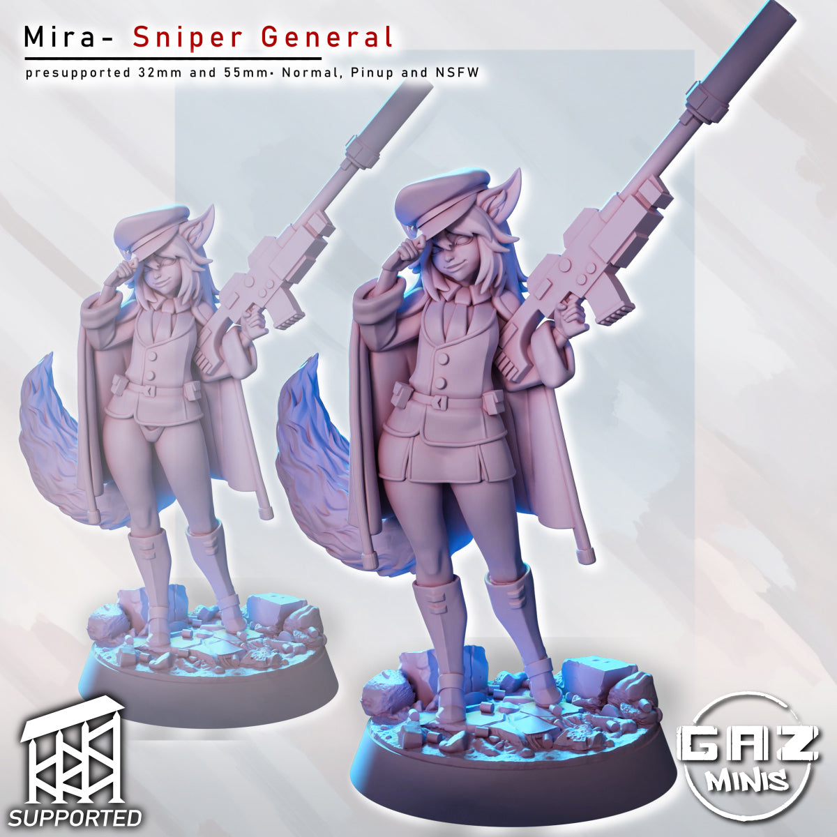 Female kitsune sniper miniature front pose holding oversized rifle over shoulder, fox tail flowing, military cap and cape, rocky base, fantasy DnD Pathfinder mini