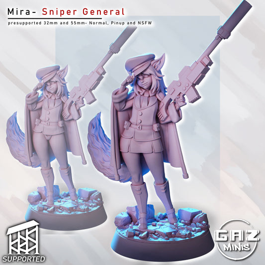 Female kitsune sniper miniature front pose holding oversized rifle over shoulder, fox tail flowing, military cap and cape, rocky base, fantasy DnD Pathfinder mini