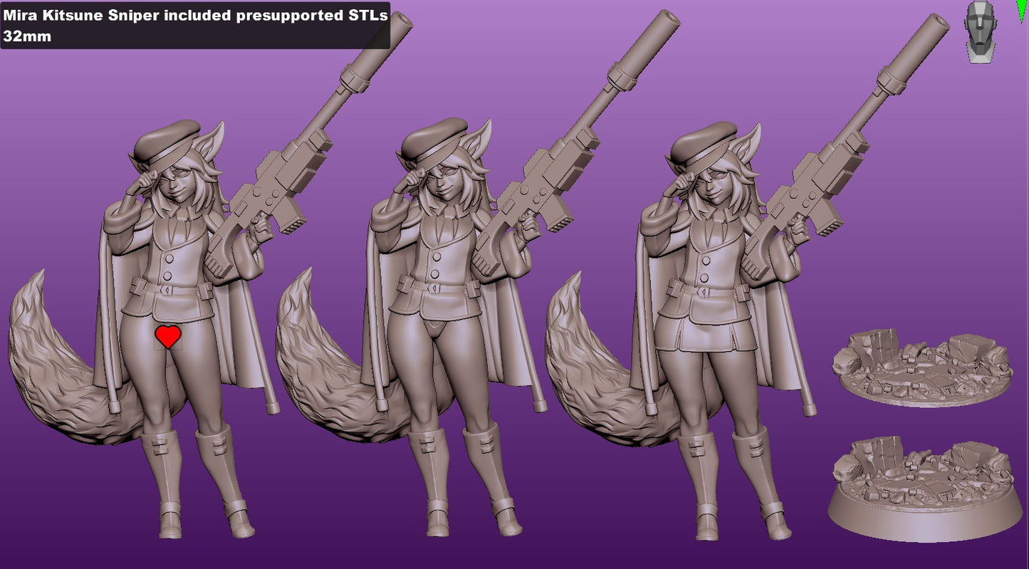 Female kitsune sniper miniature front pose holding oversized rifle over shoulder, fox tail flowing, military cap and cape, rocky base, fantasy DnD Pathfinder mini