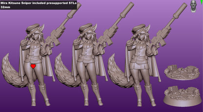 Female kitsune sniper miniature front pose holding oversized rifle over shoulder, fox tail flowing, military cap and cape, rocky base, fantasy DnD Pathfinder mini