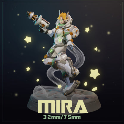 Front view of the painted Mira miniature, posed with one arm extended and holding a blaster, wearing a futuristic space suit with floating star effects and jet stream base.