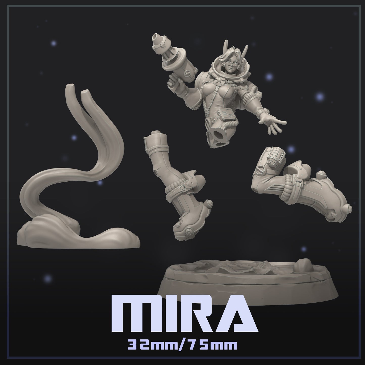 Grayscale breakdown of Mira sci-fi miniature with separate parts including torso, blaster, boots, swirling propulsion stream, and circular base.