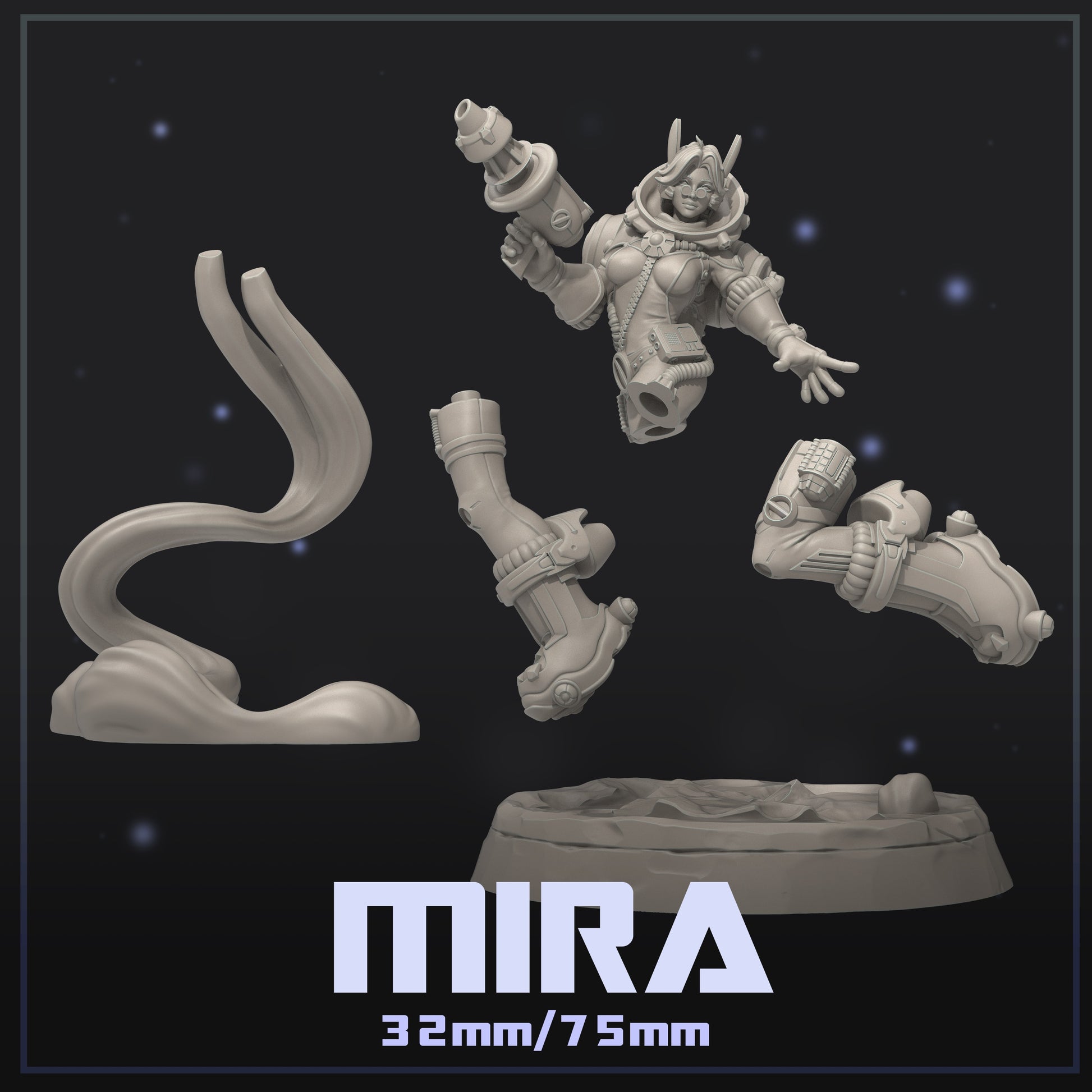 Grayscale breakdown of Mira sci-fi miniature with separate parts including torso, blaster, boots, swirling propulsion stream, and circular base.