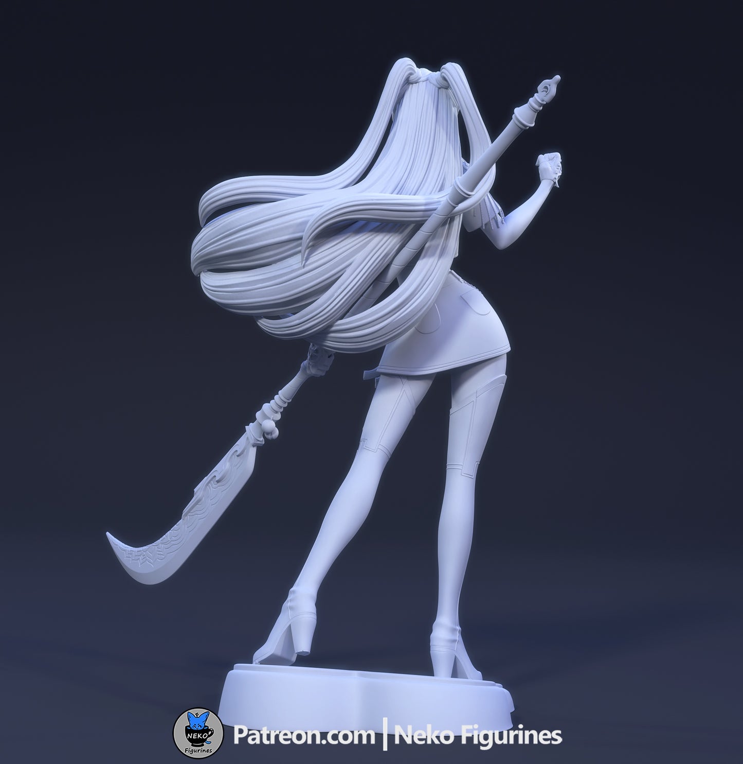 Mira figure rear view – 1:7 scale collectible showing long ponytail, glaive, and high-heeled boots.