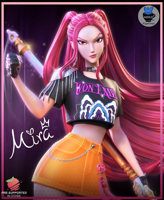 Mira colored render – K-Pop Demon Hunters collectible featuring battle tee, orange skirt, and twin ponytails.