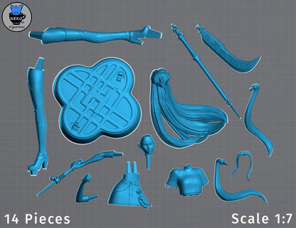 Mira figure parts layout – 14-piece assembly for 1:7 scale collectible showing base, hair, clothing, and weapon components.