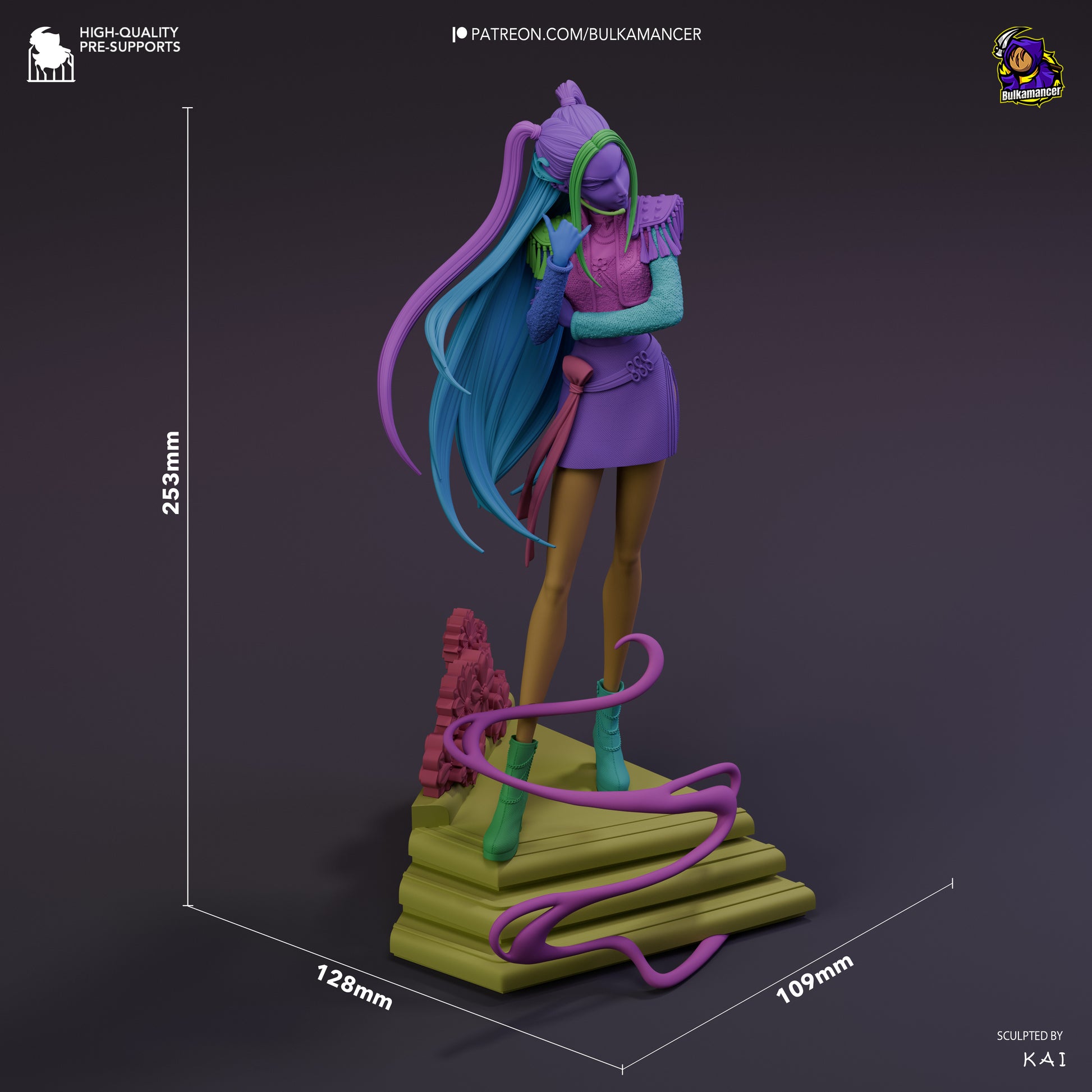 Mira K-Pop Demon Hunters dimension render showing 253mm height and layered staircase base with dynamic pose.