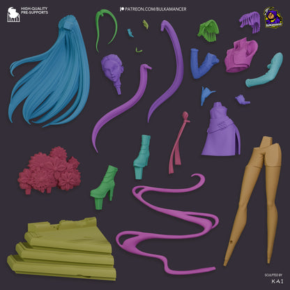 Mira exploded view of 3D parts including hair, torso, legs, base, flowers, and accessories.