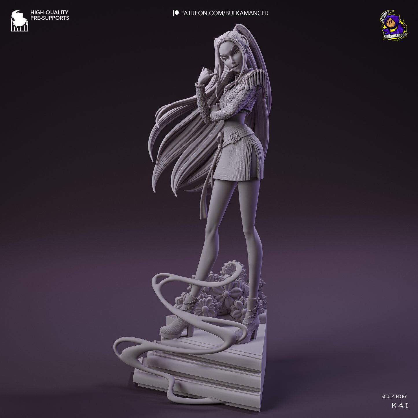 Mira grayscale render angled front showing detailed outfit, arm pose, and layered staircase base.