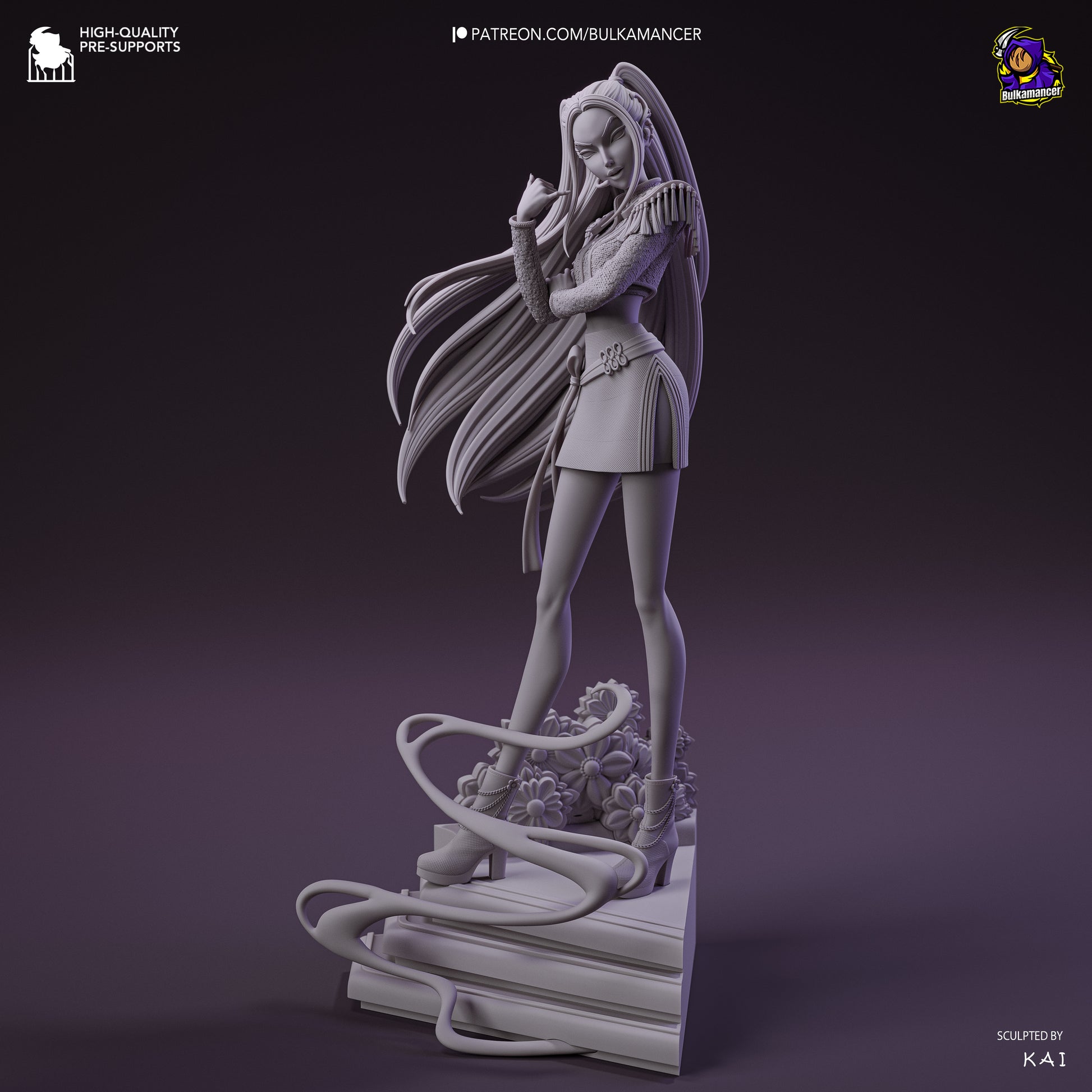 Mira grayscale render angled front showing detailed outfit, arm pose, and layered staircase base.