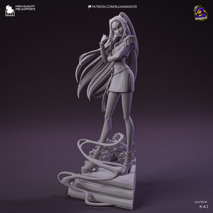 Mira grayscale render angled front showing detailed outfit, arm pose, and layered staircase base.