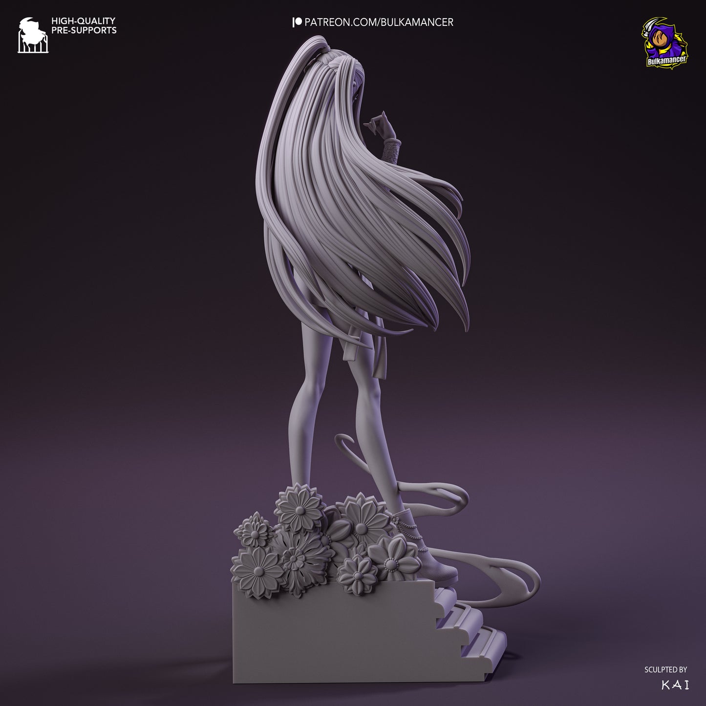 Mira K-Pop Demon Hunters figure rear angle in grayscale render showcasing long hair sculpt and floral base details.