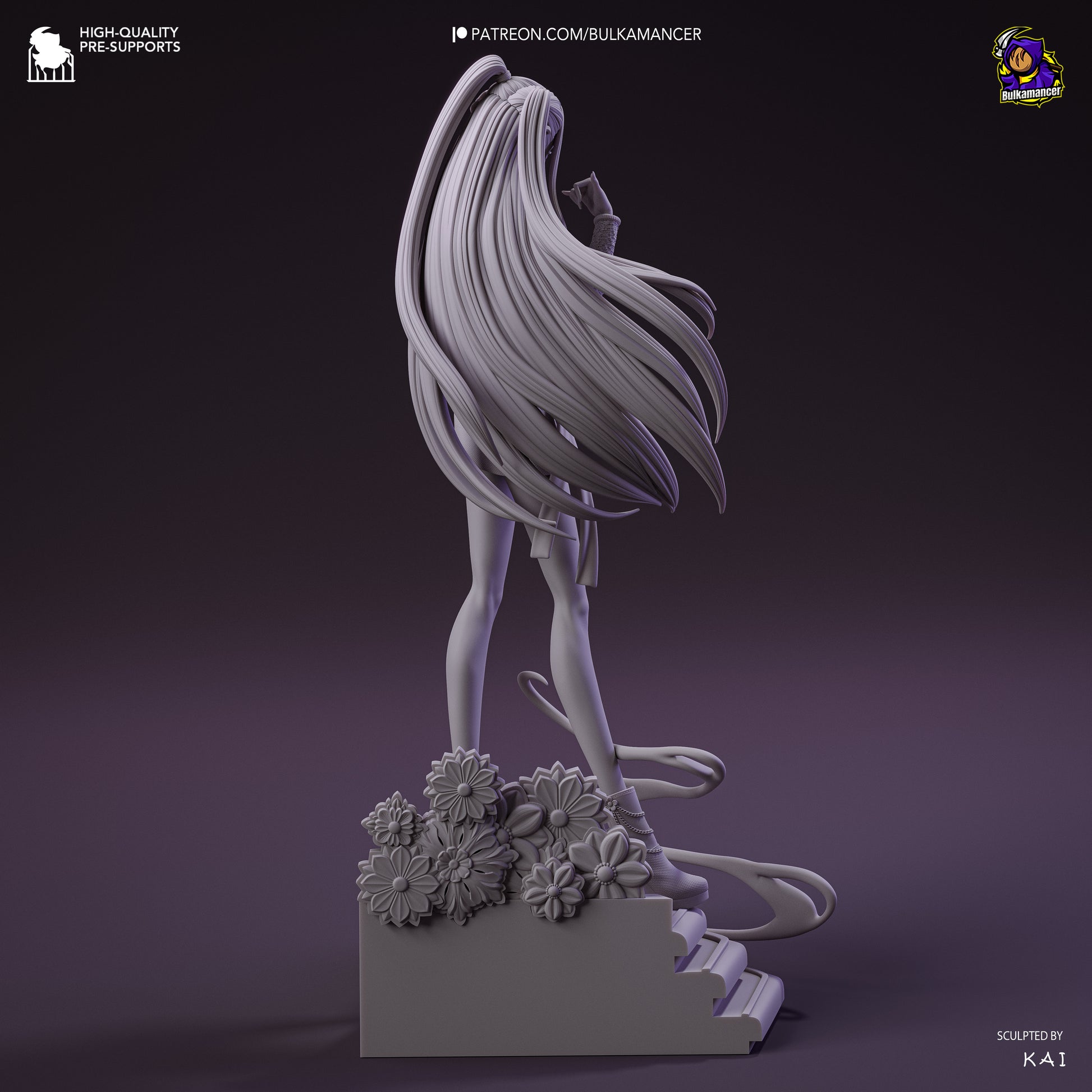 Mira K-Pop Demon Hunters figure rear angle in grayscale render showcasing long hair sculpt and floral base details.