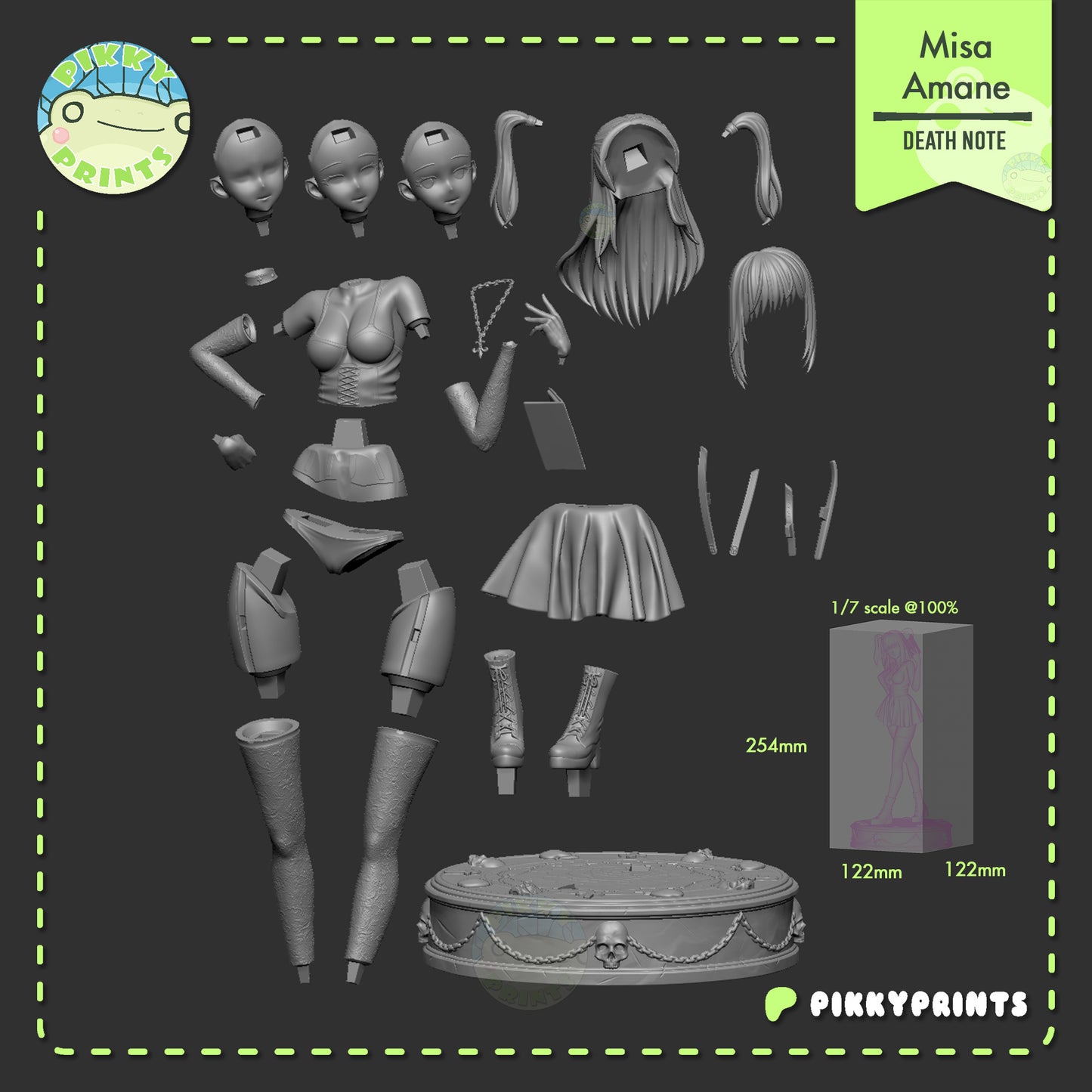 Misa Amane Death Note figure parts layout showing modular head, hair, arms, legs, base, and accessories