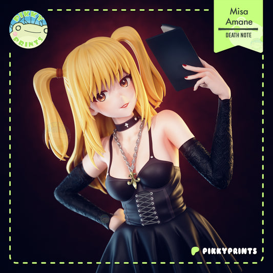 Misa Amane Death Note figure close-up showing face, twin tails, choker, necklace, and Death Note book