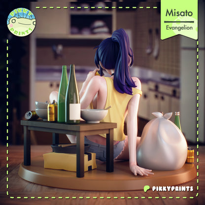 Misato Katsuragi Evangelion figure rear view seated at table with bottles bag and base details