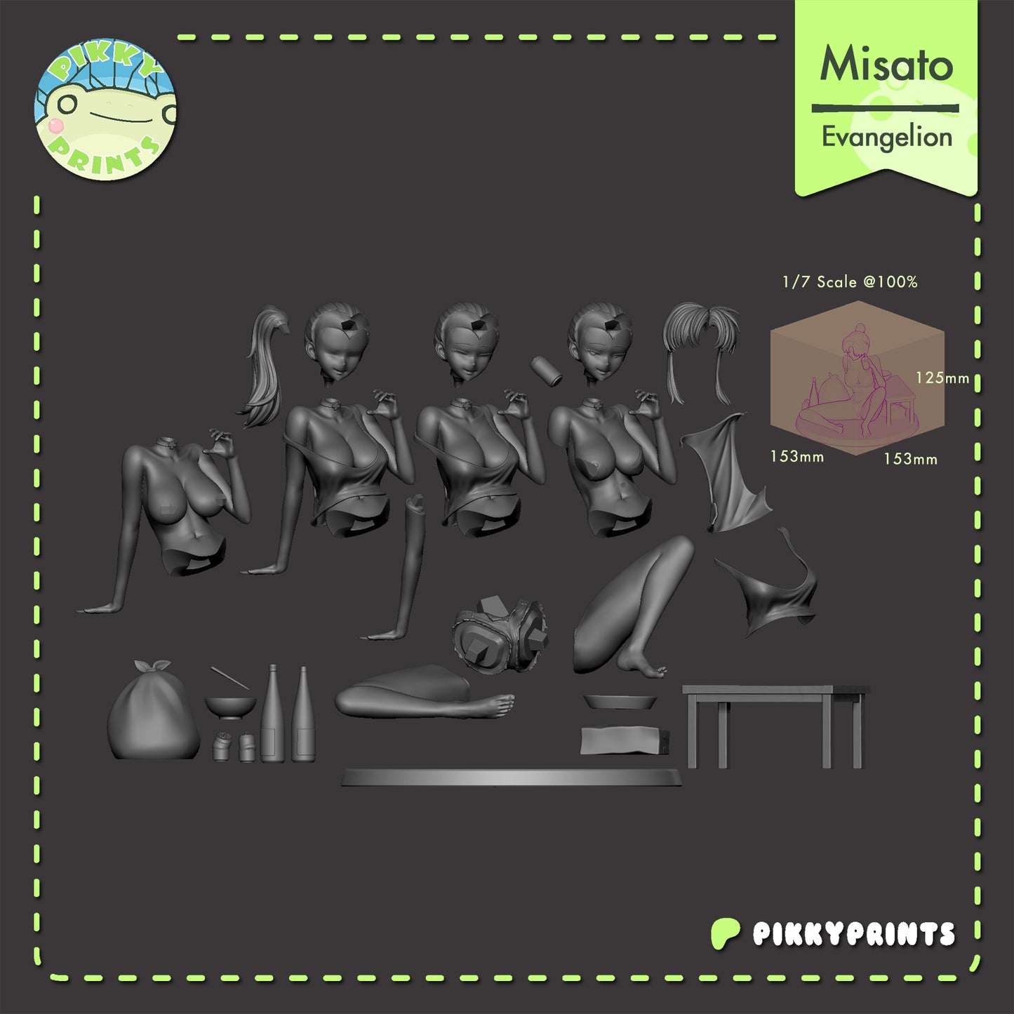 Misato Katsuragi Evangelion figure split parts layout showing head options body variants arms legs table bottles and base