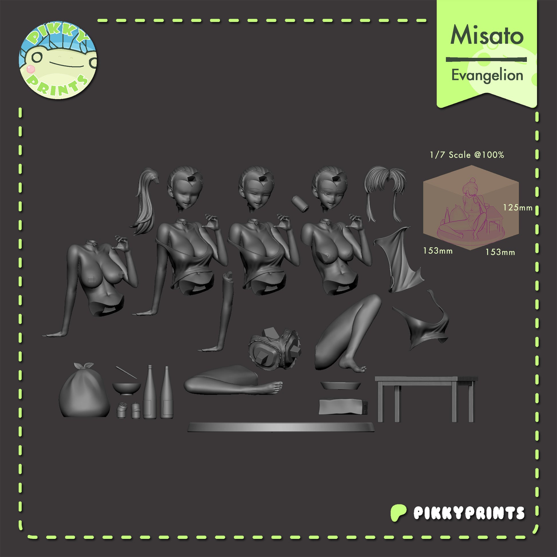 Misato Katsuragi Evangelion figure split parts layout showing head options body variants arms legs table bottles and base