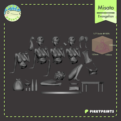 Misato Katsuragi Evangelion figure split parts layout showing head options body variants arms legs table bottles and base