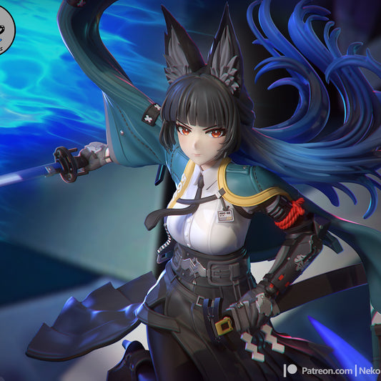 1:7 scale samurai girl figurine with dual katanas, long hair, armored boots, and layered hakama, standing confidently on a textured base.