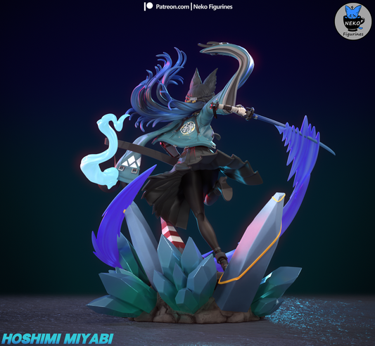 Rear view of Miyabi figurine showing flowing hair, sheath detail, and cloak drape over back armor with sharp angular elements.