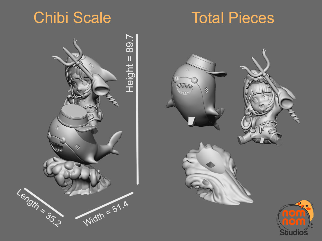 Model scale breakdown of the Chibi Gawr Gura figurine, showcasing dimensions and individual assembly pieces.