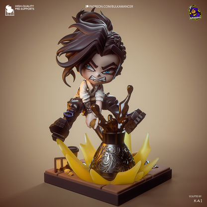 Chibi Moka Unbreadable collectible figure front view showing chibi character in dynamic stomping pose, exaggerated expression, flowing hair, mechanical boots, splashing drink effect, and square café-style display base
