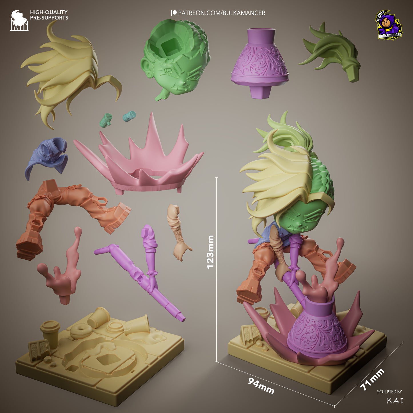 Chibi Moka Unbreadable collectible figure parts breakdown showing modular head, hair pieces, arms, legs, splash effects, drink container, and base with labeled dimensions for height width and depth
