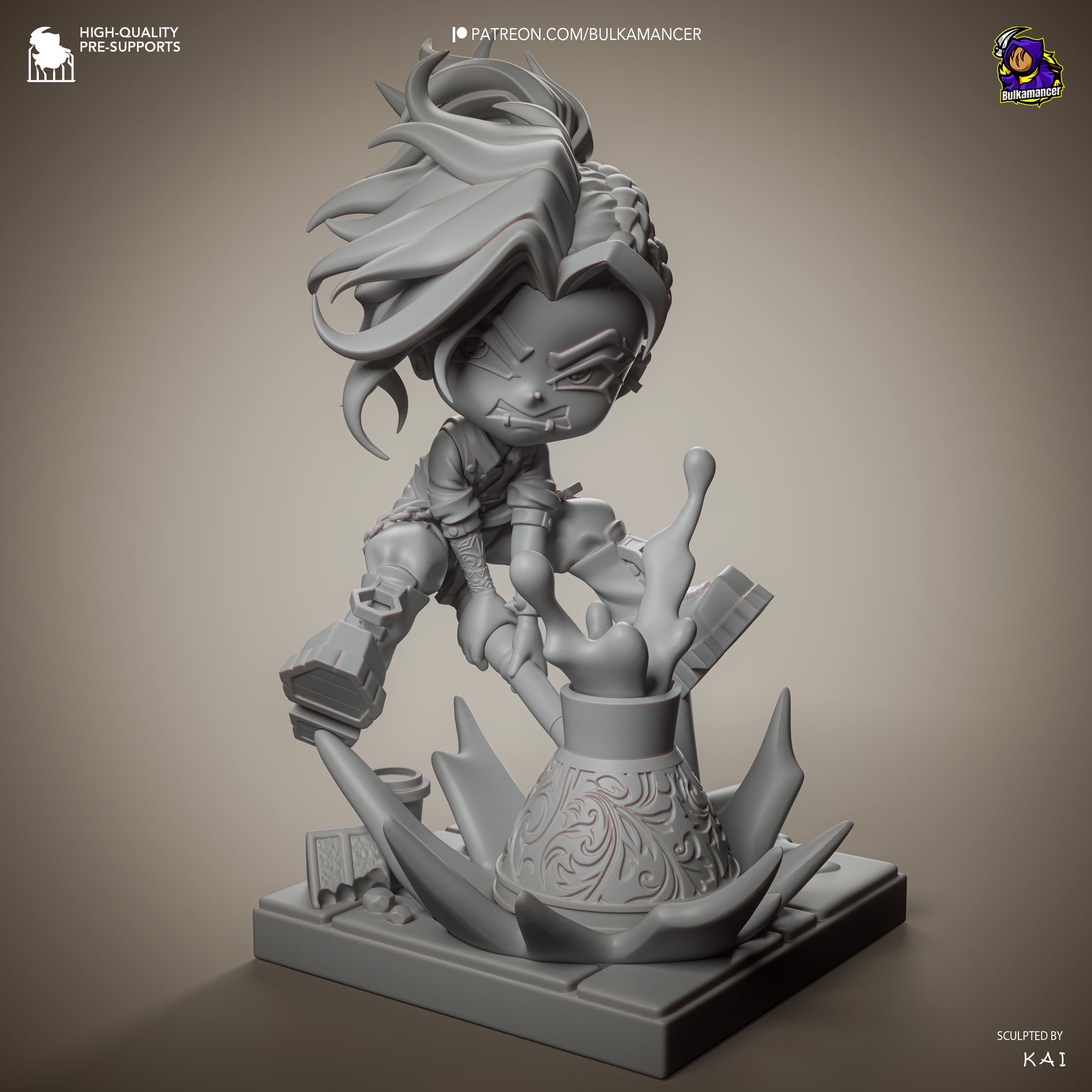 Chibi Moka Unbreadable collectible figure unpainted grey render front view highlighting sculpted facial expression, hair volume, clothing folds, splash effect details, and base texture