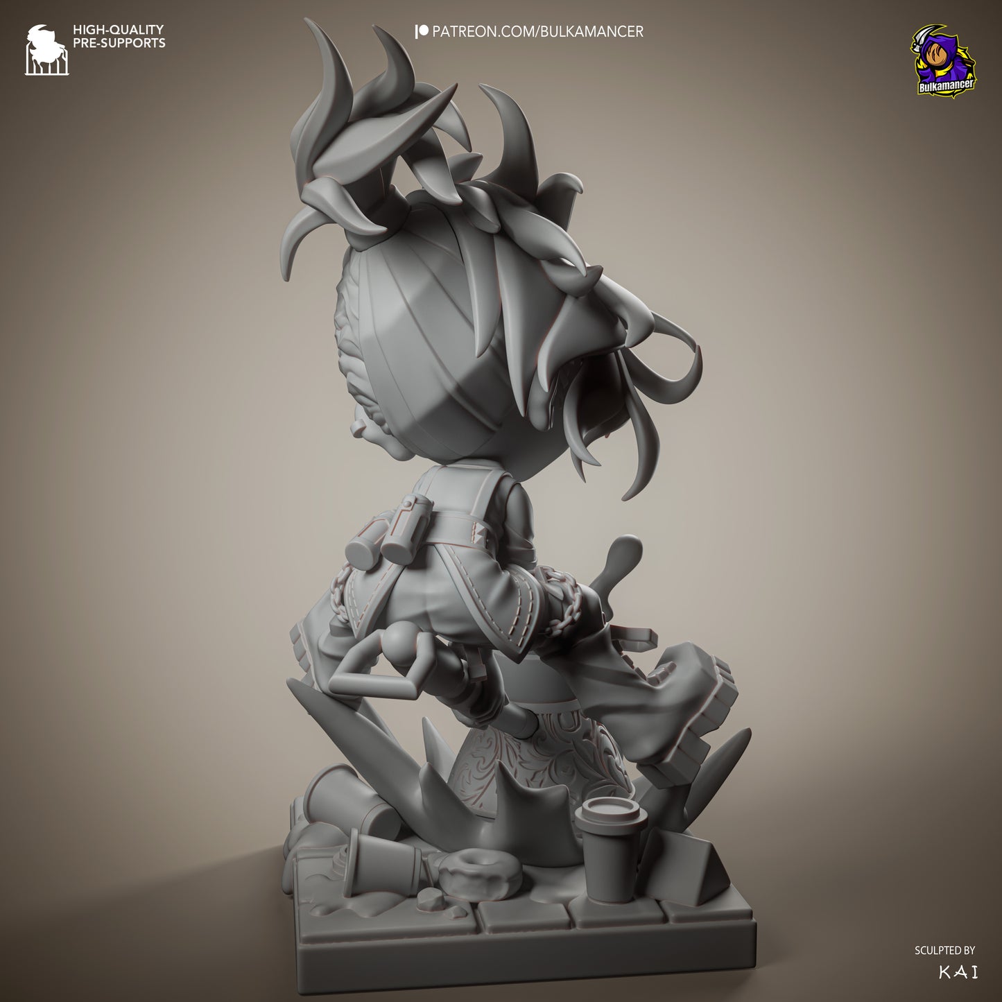 Chibi Moka Unbreadable collectible figure unpainted grey render rear view showing hair flow, backpack details, clothing seams, mechanical footwear, and environmental base elements
