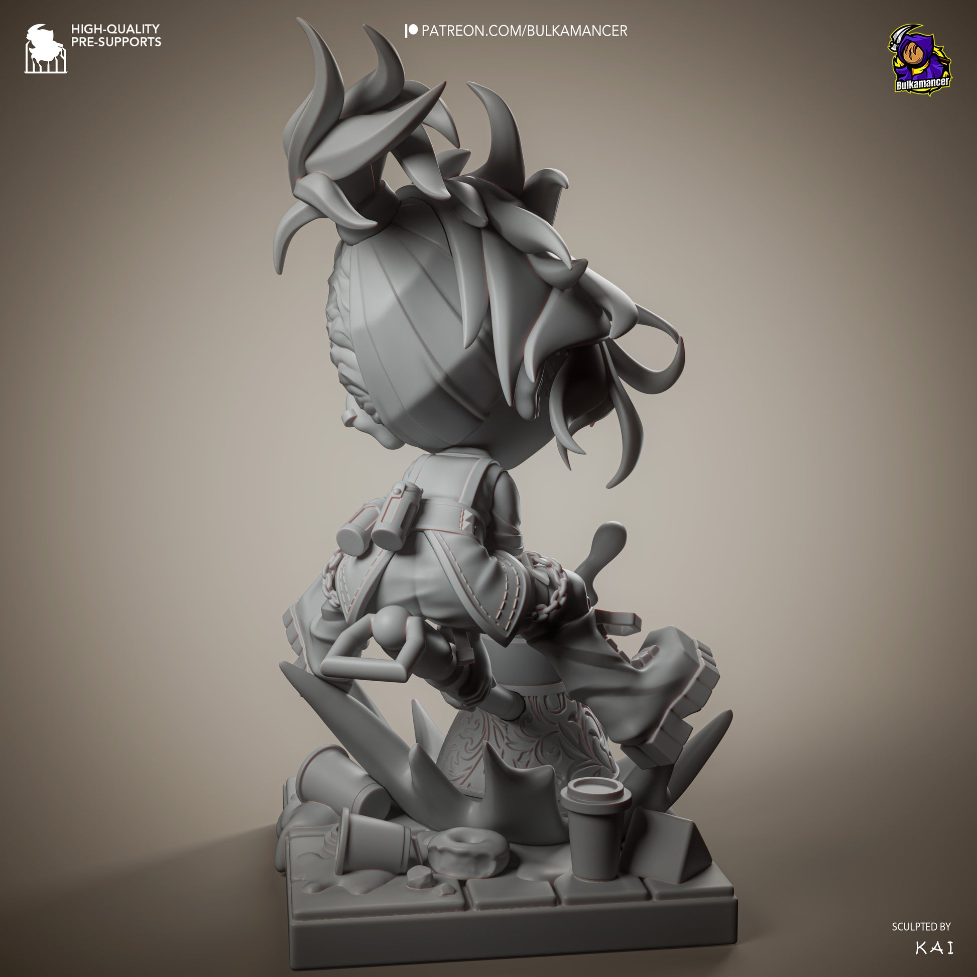 Chibi Moka Unbreadable collectible figure unpainted grey render rear view showing hair flow, backpack details, clothing seams, mechanical footwear, and environmental base elements