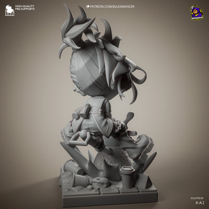 Chibi Moka Unbreadable collectible figure unpainted grey render rear view showing hair flow, backpack details, clothing seams, mechanical footwear, and environmental base elements
