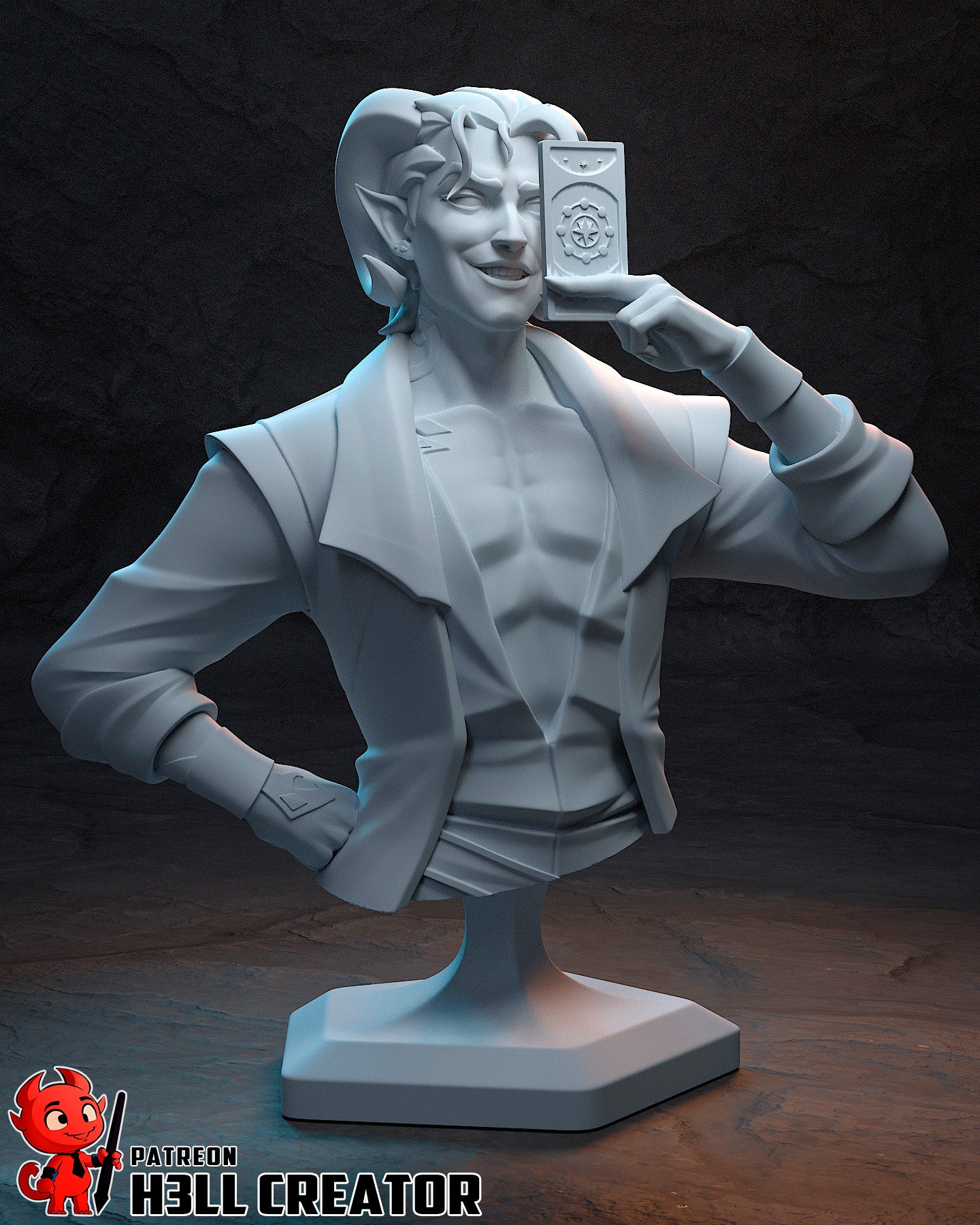 Mollymauk Tealeaf bust front view tiefling blood hunter holding tarot card