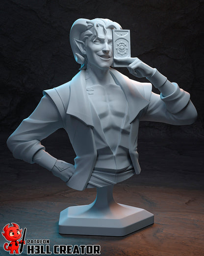 Mollymauk Tealeaf bust front view tiefling blood hunter holding tarot card