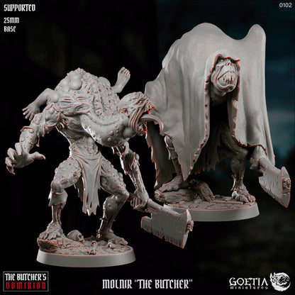 Aberration butcher miniature with mutated humanoid body, gaping fanged maw, swollen growths, torn loincloth, wielding massive cleaver on 25mm base for Dungeons and Dragons Pathfinder Mork Borg