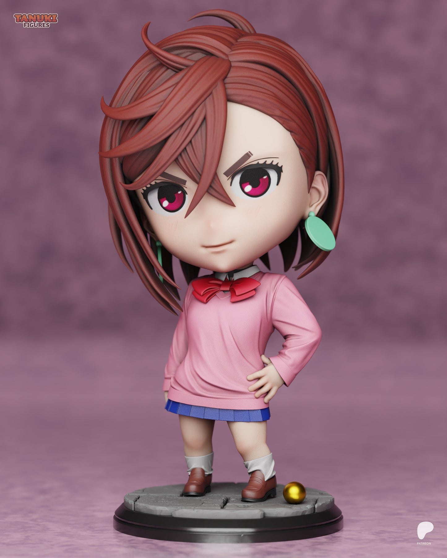 Front view of chibi Momo Ayase figure standing with hand on hip, pink sweater, blue skirt, confident expression, and large red eyes.