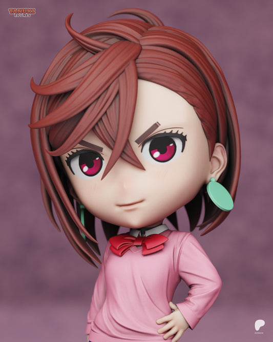 Close-up of chibi Momo Ayase face with detailed hair strands, large pink eyes, and green earrings, wearing pink bow and sweater.