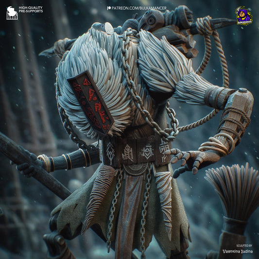 Monoco painted render showcasing his ritual design with weathered textures and runic patterns – fantasy shaman collectible figure.