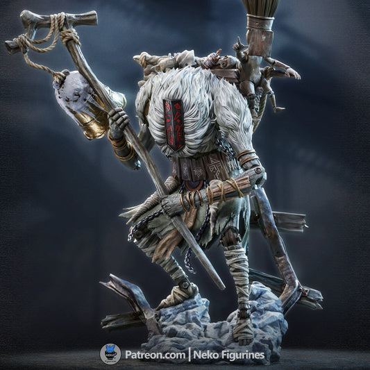 Painted render of Monoco Expedition 33 figure with ritual mask, fur textures, lantern staff, and weathered survival gear.