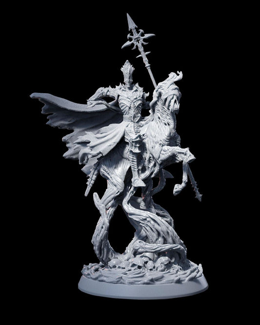 A detailed miniature of a necromancer in full skeletal armor, riding a twisted, undead steed with a large, ornate spear, set on a base adorned with skulls and swirling spectral energy.