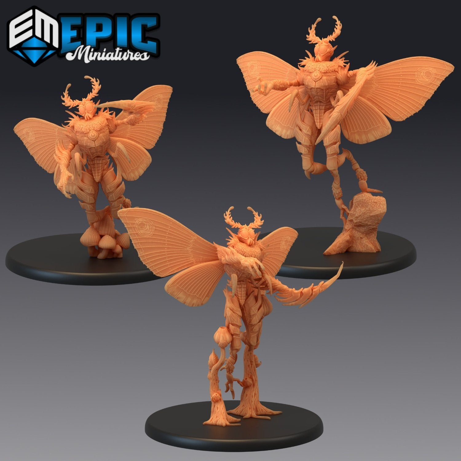 Group shot of Moth Man miniatures in various poses, flaunting their insect fashion—feelers, wings, and all. Talk about a real 'flight' of fancy!