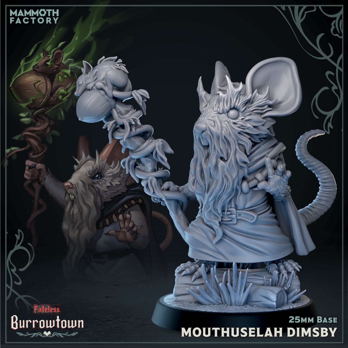 Anthropomorphic mouse druid miniature with long flowing beard holding twisted staff topped with rodent and vines, spellcasting stance, woodland beastfolk elder for Dungeons and Dragons Pathfinder tabletop RPG.